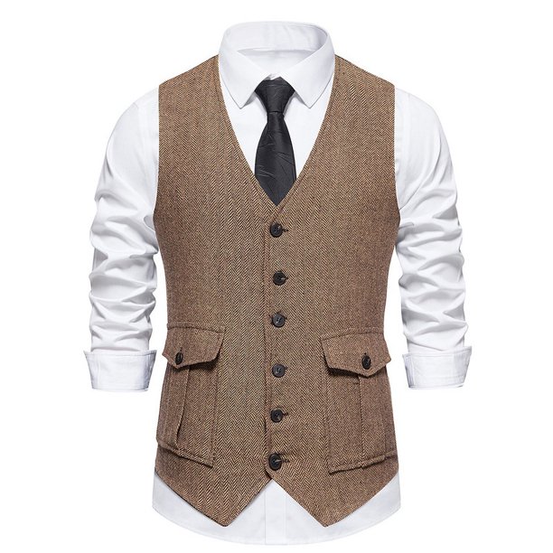 Chaleco de traje vintage para hombre con bolsillos tridimensionales y botonadura sencilla