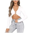 thumbnail image 1 of Top de manga larga con cuello en V y aberturas para mujer: jersey ajustado, color liso para combinar con otras prendas o para salidas elegantes, 1 of 8