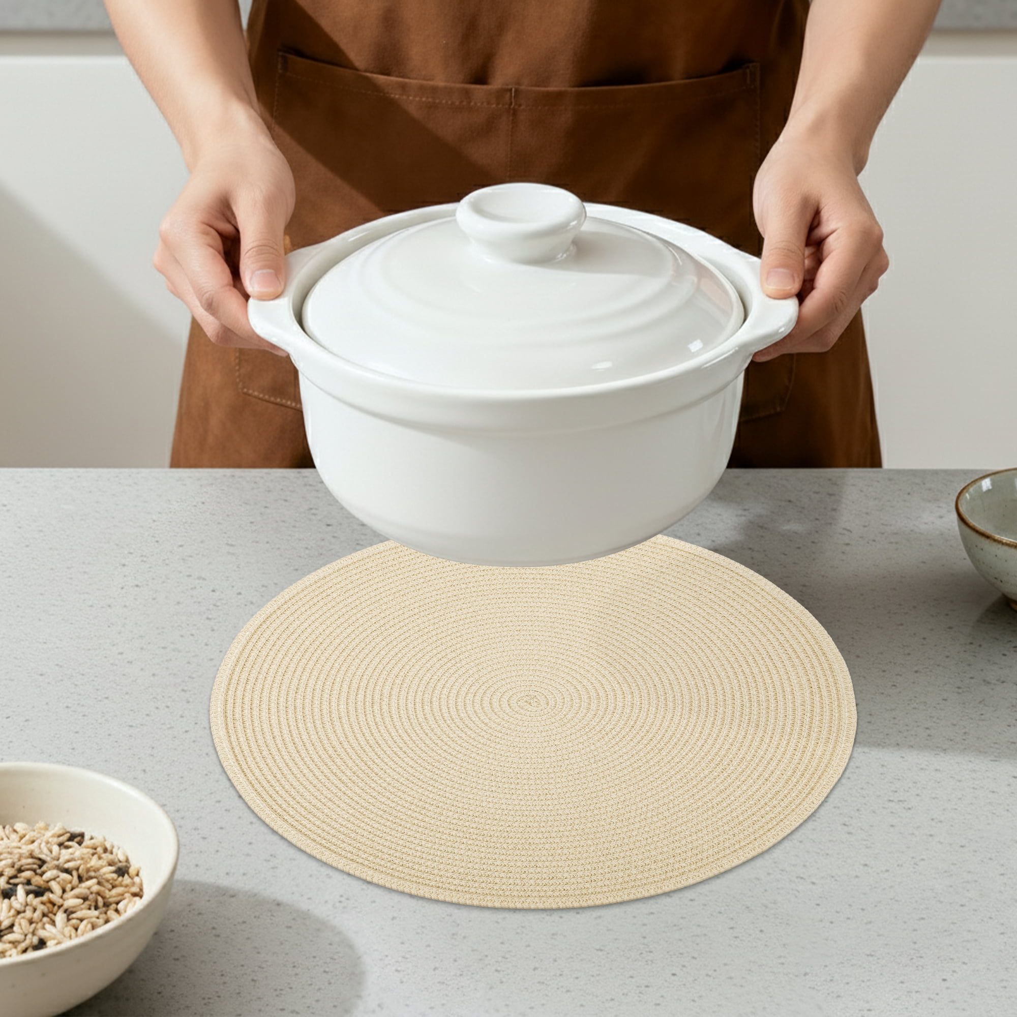 Unique Bargains 6Pcs Rustic Round Woven Dining Placemats Beige 15x15inch