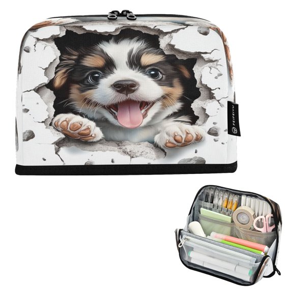 Standing Pencil Case with Base Large Capacity Stationery Pouch Pen Bag with Zipper for Women Men Puppy Breaking Through The Wall