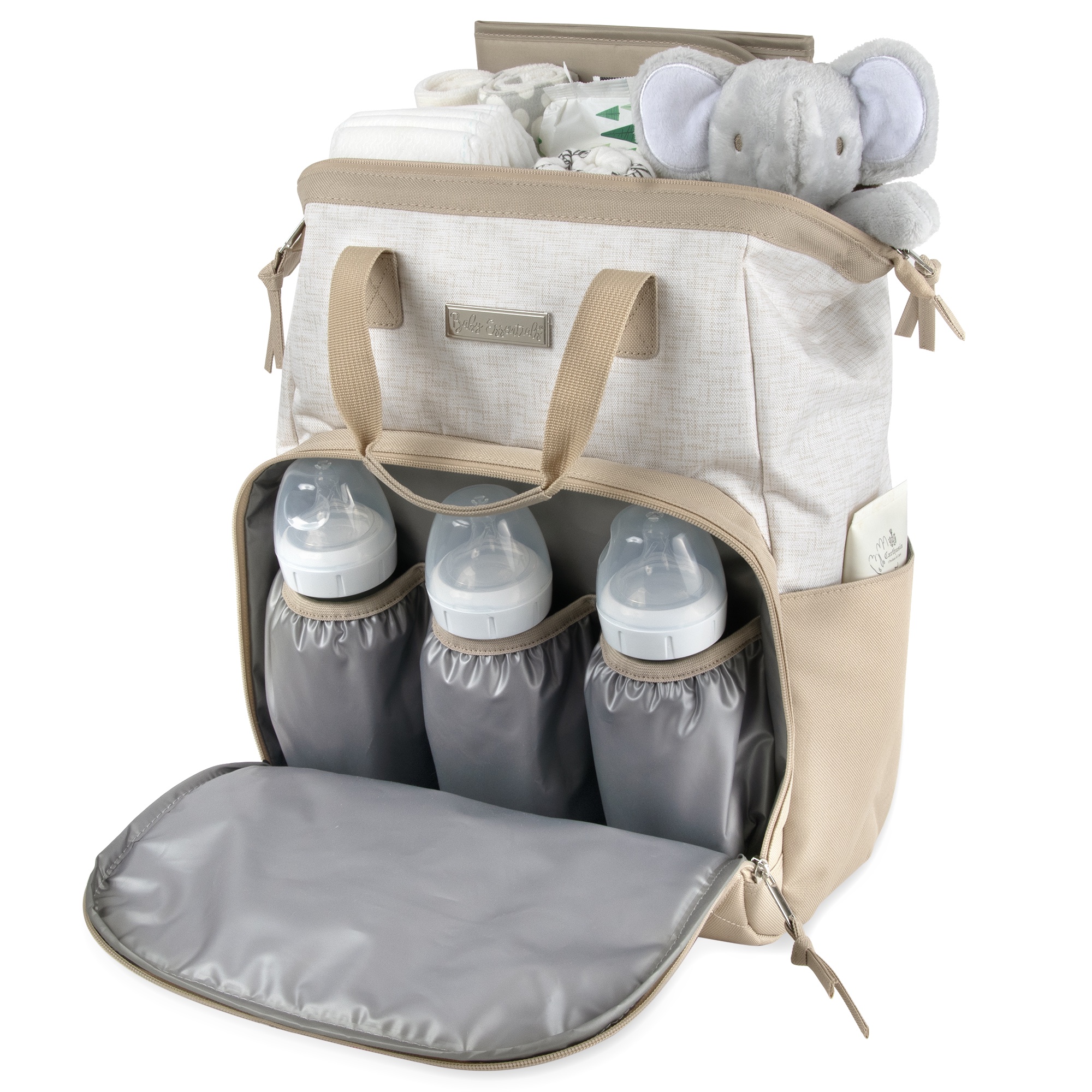 Baby Essentials Super Cooler Main Frame Dual Zipper Closure Diaper Bag Backpack Tote with Matching 6-Ply Changing Pad, Insulated Bottle Pockets and Stroller Straps in Crème and Taupe