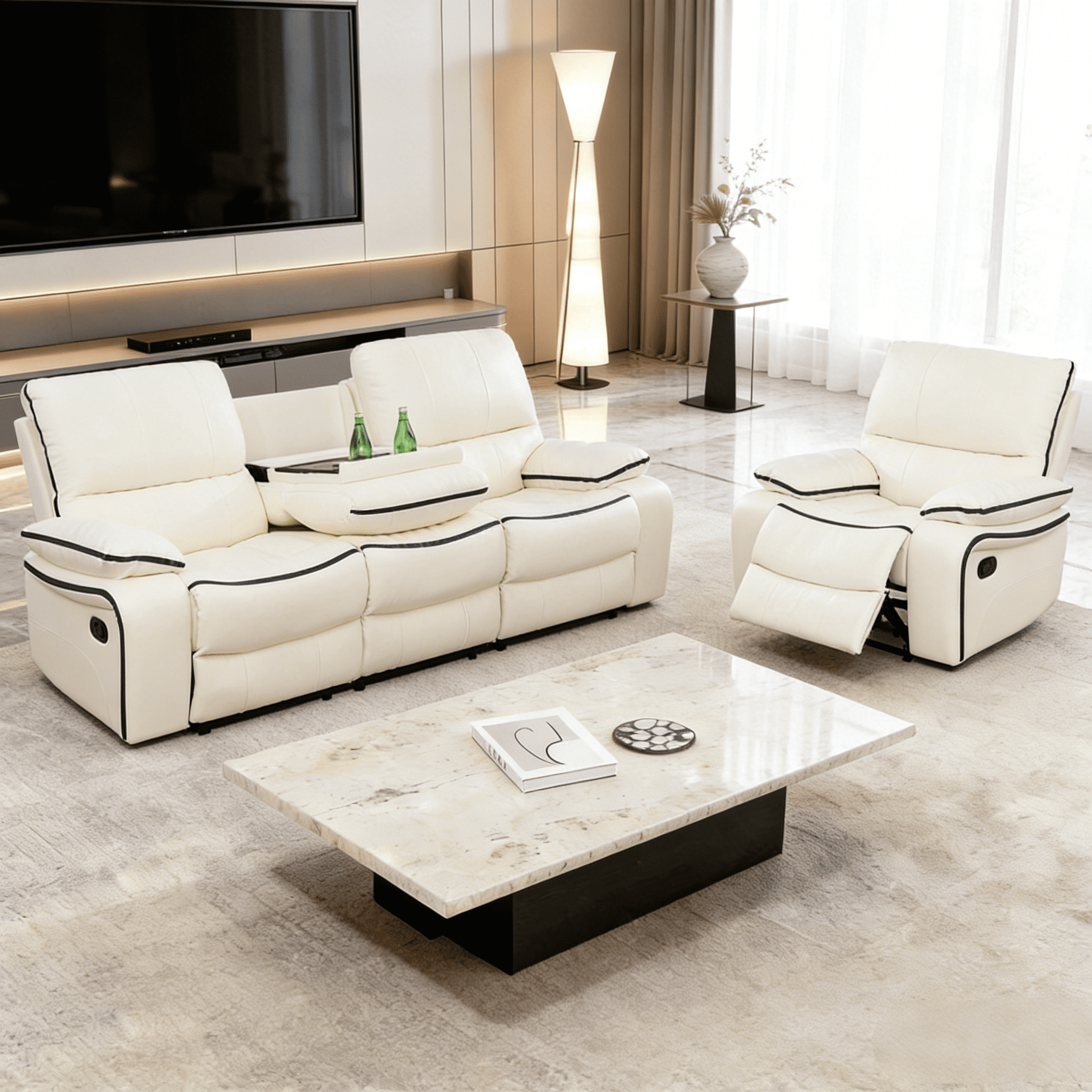 Gewnee 3-Seat Sofa and Recliner with Console & Cup Holders, Air Leather and High-Elasticity Sponge, Adjustable Reclining Angle, Ideal for Living Room, Off-white