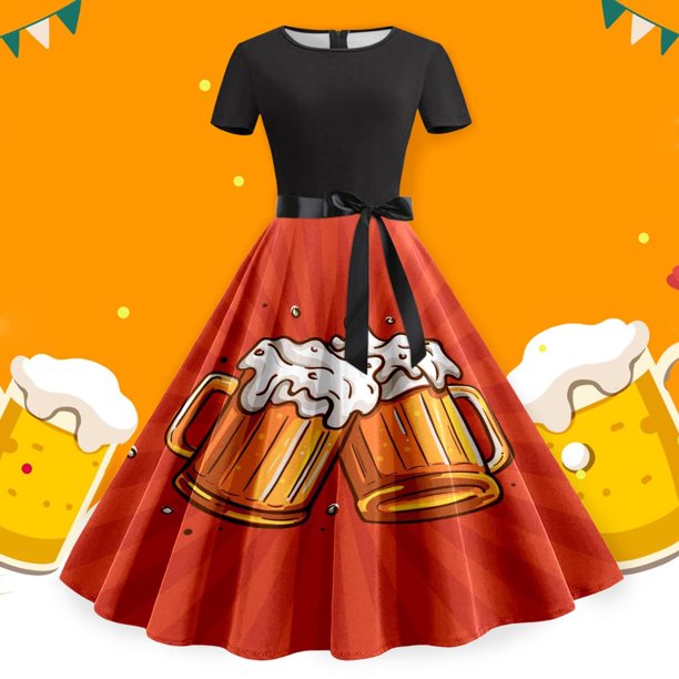 WILLBEST Vestidos Casuales Vestido Informal de Verano para Mujer, Cuello Redondo, Manga Corta, Cinturón Extraíble, Estampado Oktoberfest Mediana