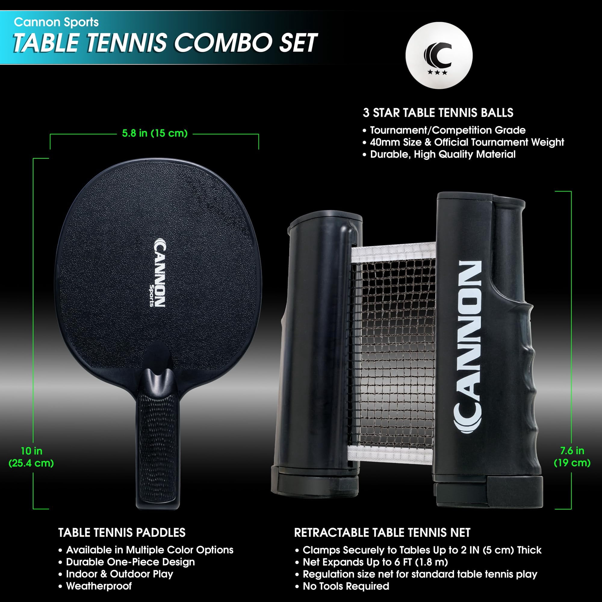 Cannon Sports Table Tennis Set – 2 Unbreakable Paddles, 6 3-Star Balls, Retractable Net & Carry Bag – Clamp-On Portable Ping Pong Net Fits Tables up to 2 Inch Thick, Extends to 6 Feet (Black)