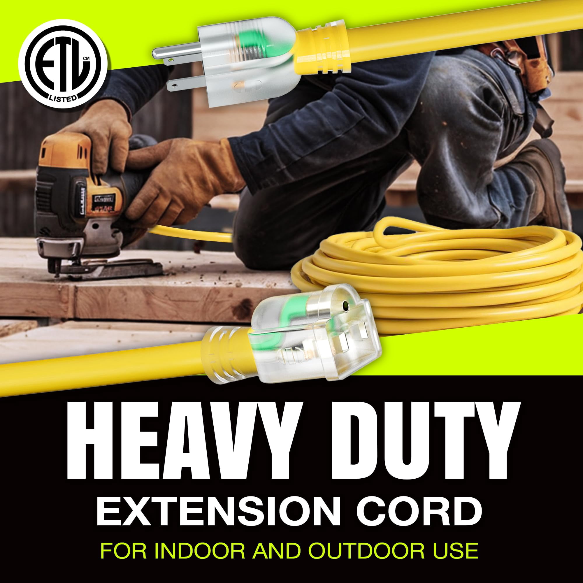 LifeSupplyUSA 50ft 10 Gauge Yellow 3 Outlets SJTW Heavy Duty Extension Cord