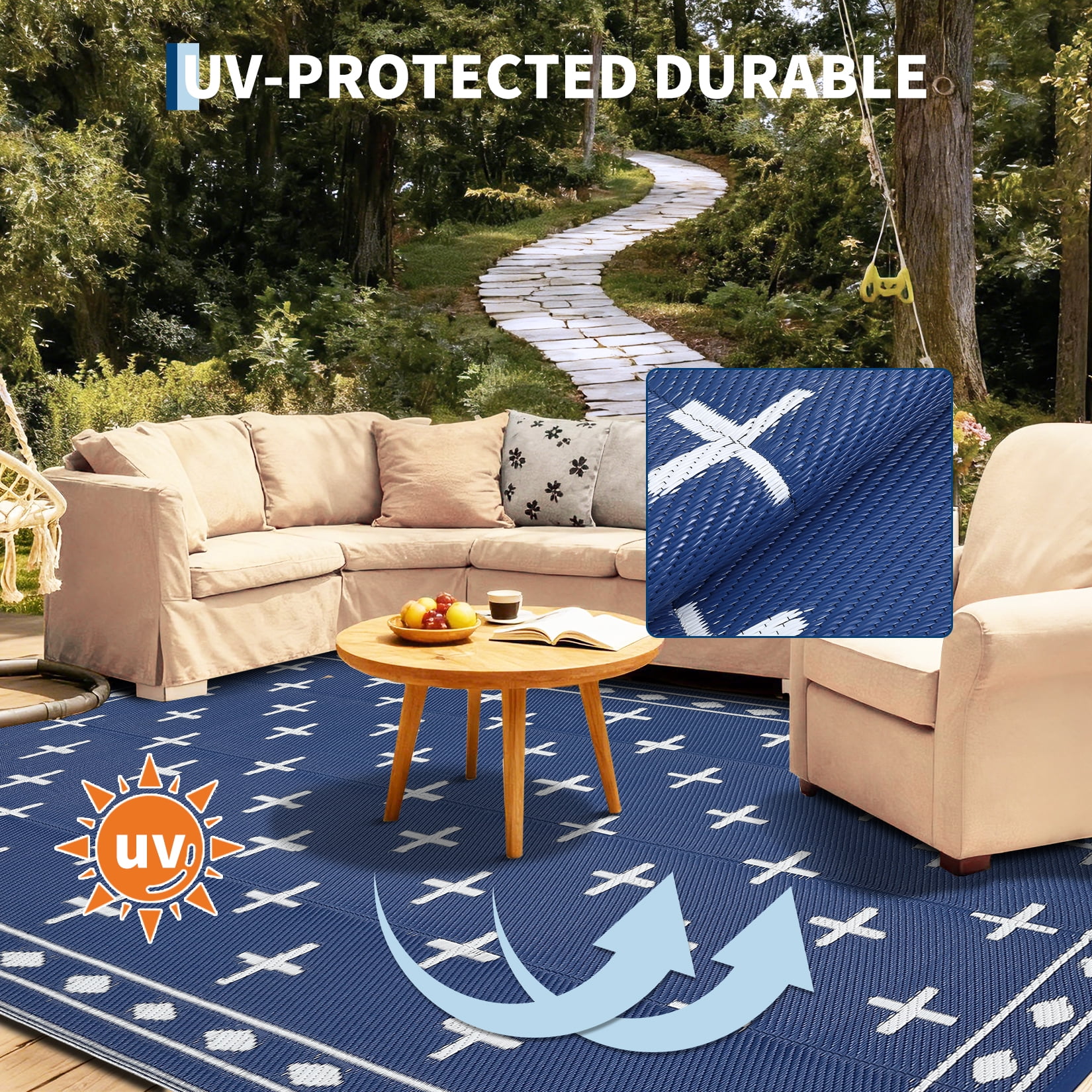Geometric Outdoor Rug 9x12, Reversible Waterproof Plastic Straw Area Mat for Patio, RV Awning, Garden, Deck, Balcony, Camping and Beach,Dark Blue