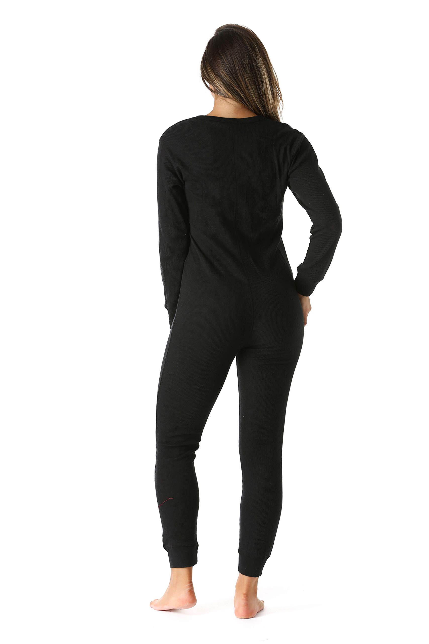 #followme Women's Thermal Henley Onesie - Soft and Cozy Union Suit for Winter Sleepwear and Lounging (Black, Small)