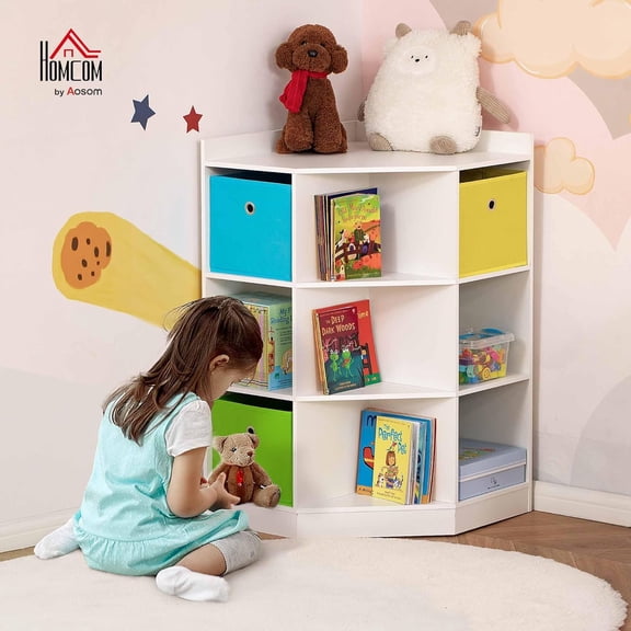 Kids Corner Cabinet with Storage, White Cubby Toy Organizer Bookshelf Unit for Playroom Bedroom Living Room
