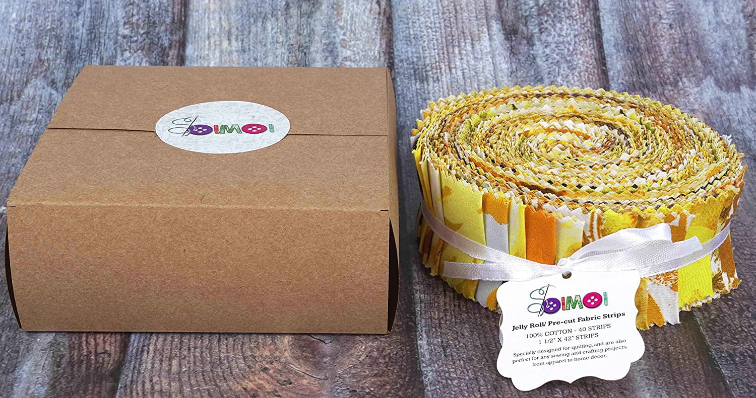 Soimoi 40Pcs Floral Artistic Print Precut Fabrics Strips Roll Up 1.5x42inches Cotton Jelly Rolls For Quilting - Yellow