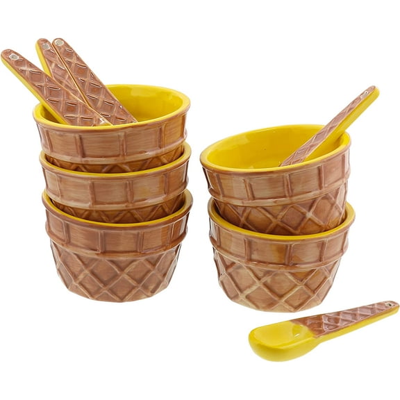 Servette Home Ceramic Yellow Ice Cream Sundae Dessert Bowl with Spoon 8oz - Set of 5