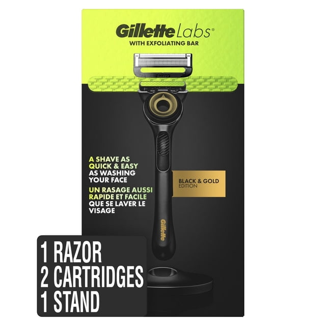 GilletteLabs with Exfoliating Bar by Gillette Razor for Men, Gold Edition - 1 Handle, 2 Razor Blade Refills, Includes Premium Magnetic Stand