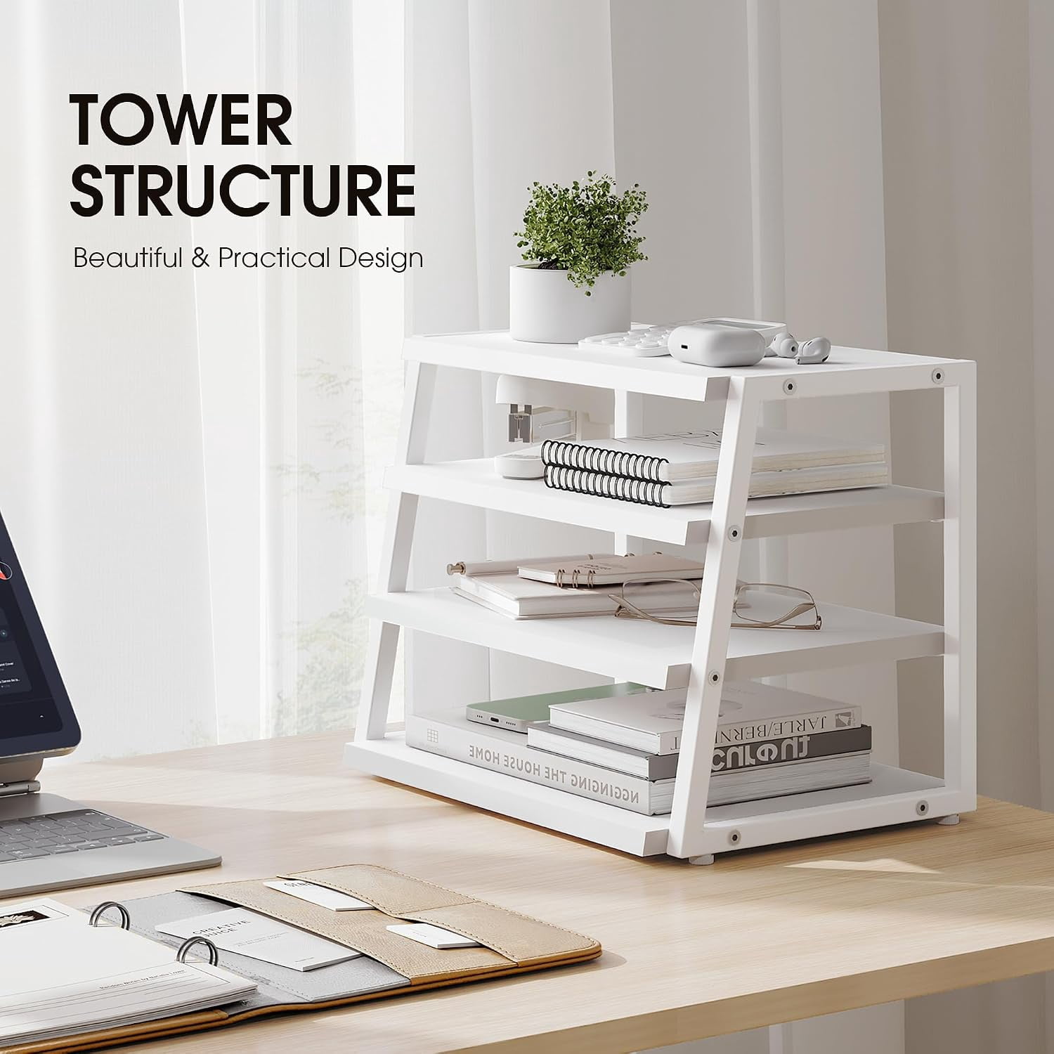 Fenge 4-Tier Desktop Shelf Organizer with Wood and Metal Storage, Black
