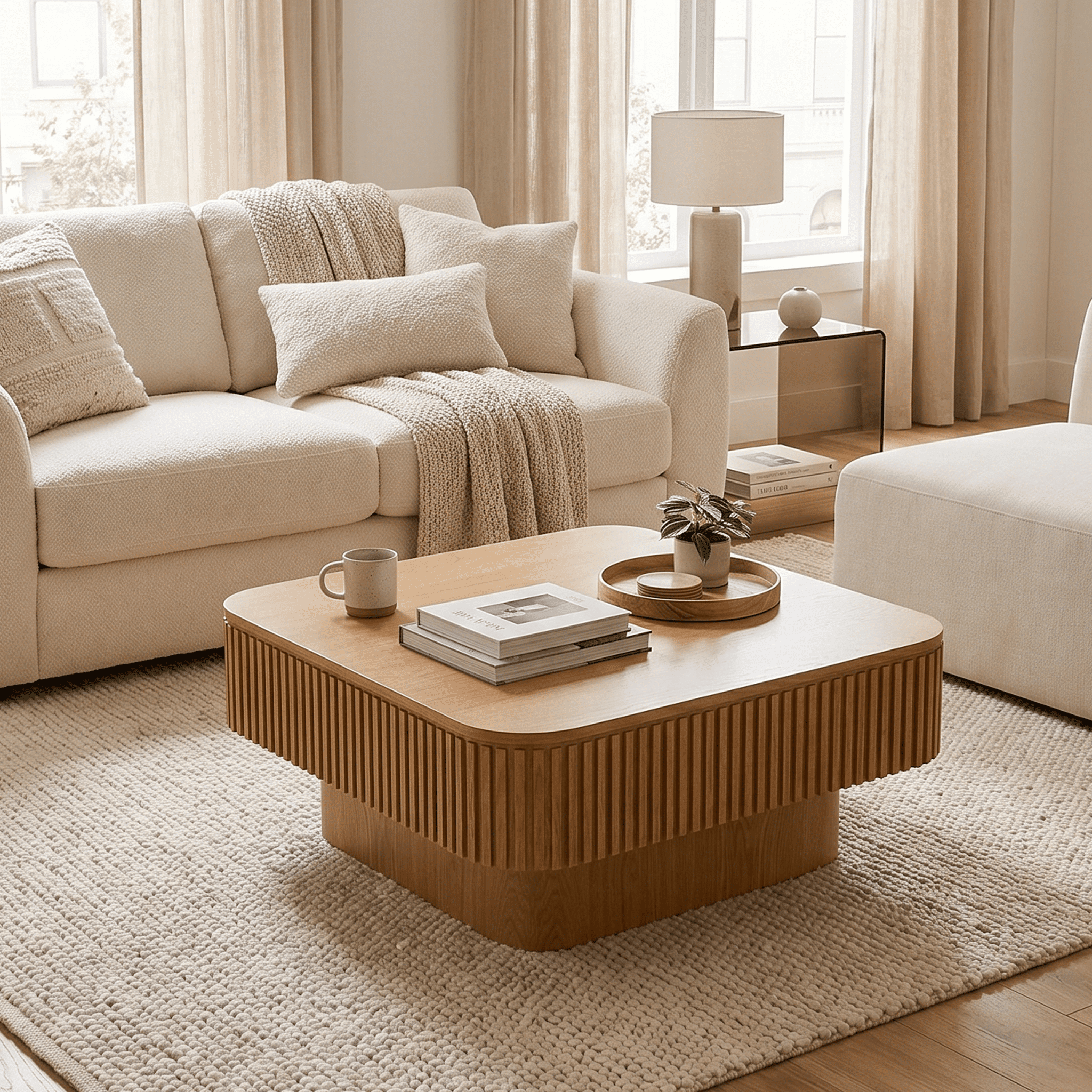 Homy Casa 31.5 in Sliding Top Coffee Table with Hidden Storage, Rounded Square Table, Natural Oak