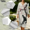 thumbnail image 5 of COEQINE Spring Summer Dress 3/4 Sleeve Wrap V-Neck Women's Boho Midi Tunic Shift Dress, Linen Look Loose Fit, Vacation & Everyday Wear, Size 2XL, Ink Black Cat Plum Blossom, 5 of 6
