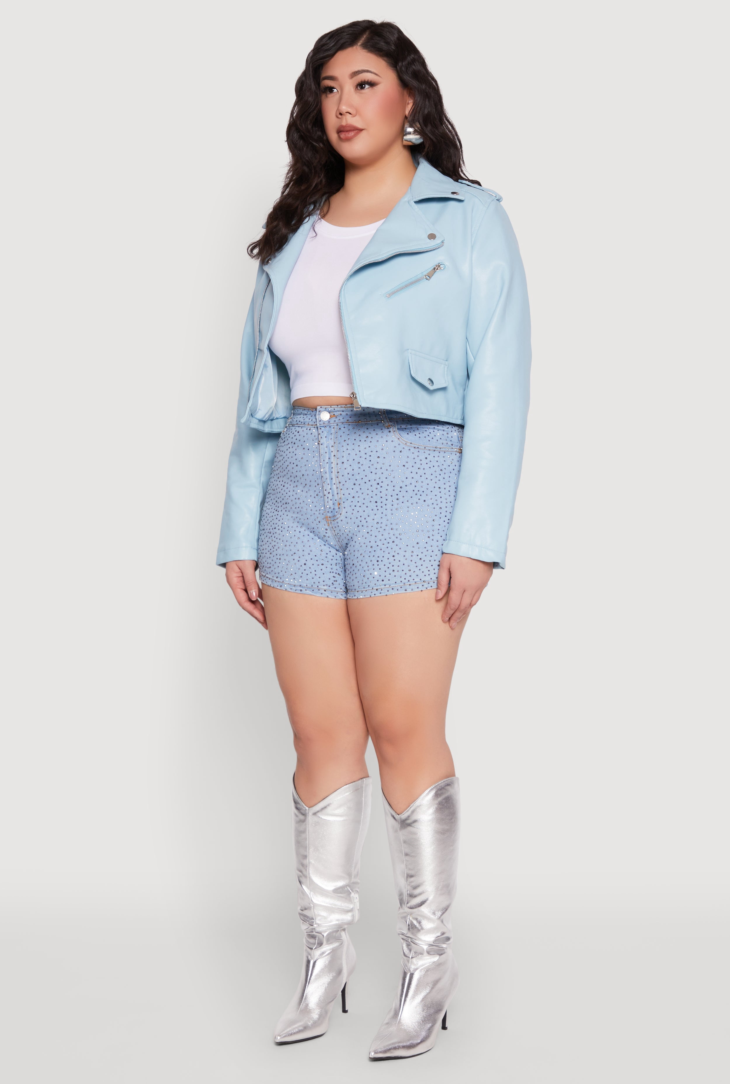 Womens Plus Size Daisy Faux Leather Cropped Moto Jacket