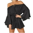 thumbnail image 1 of Womens Summer Off the Shoulder Jumpsuits Cotton Linen Short Rompers Long Sleeve Elastic Drawstring Tiered Flowy Jumpsuit, 1 of 5
