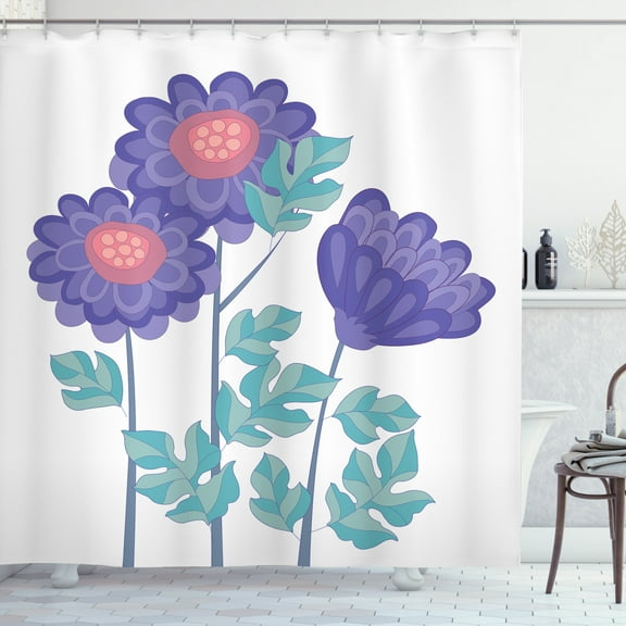 Aster Shower Curtain, Ornamental Aster Flower Bouquet with Hand Drawn Flourishing Petals Autumn, Fabric Bathroom Set with Hooks, 69W X 70L Inches, Violet Coral Seafoam, by Ambesonne