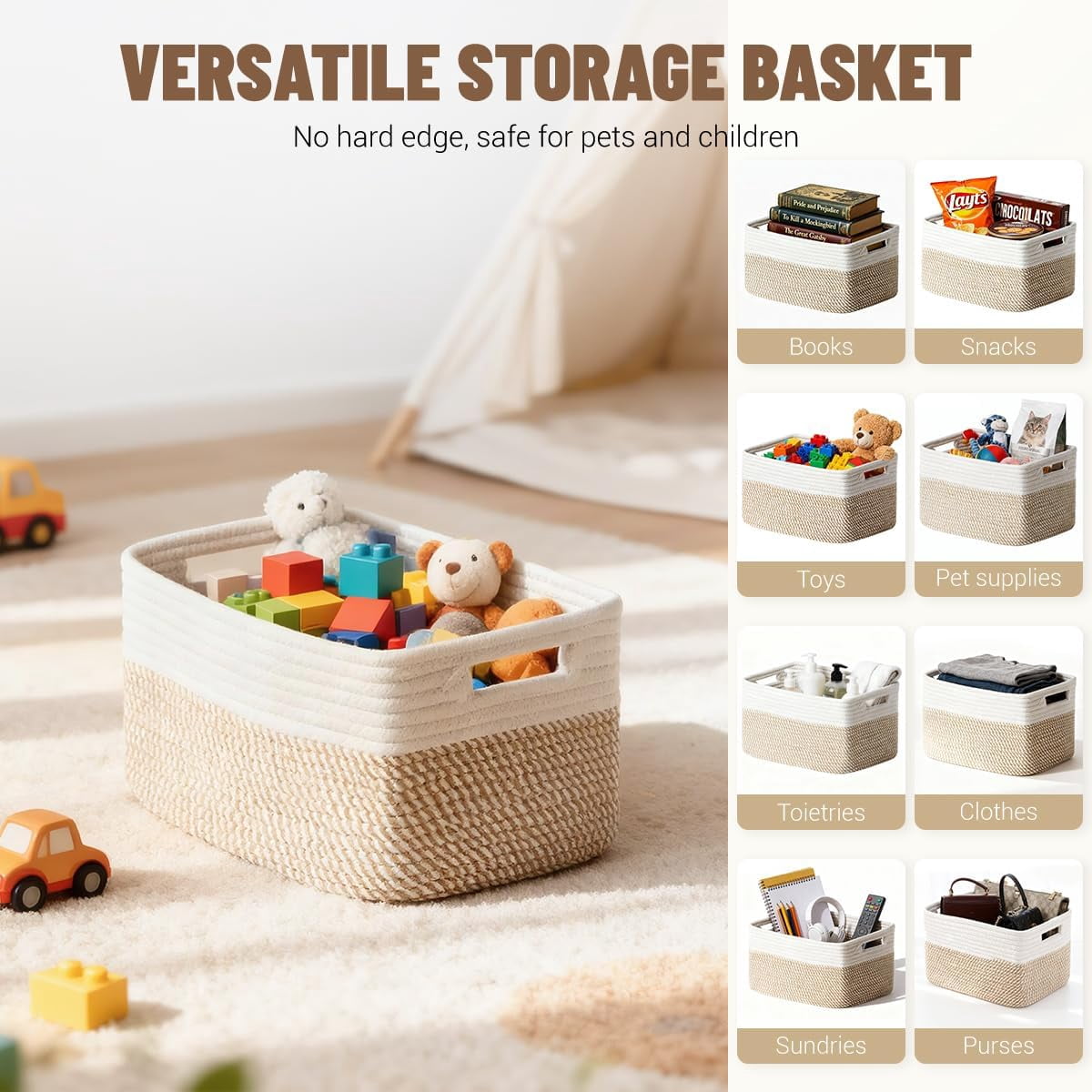 Storage racks and baskets for toys, books, clothes, wardrobes, nurseries, and bathrooms – cotton rope storage racks and baskets.