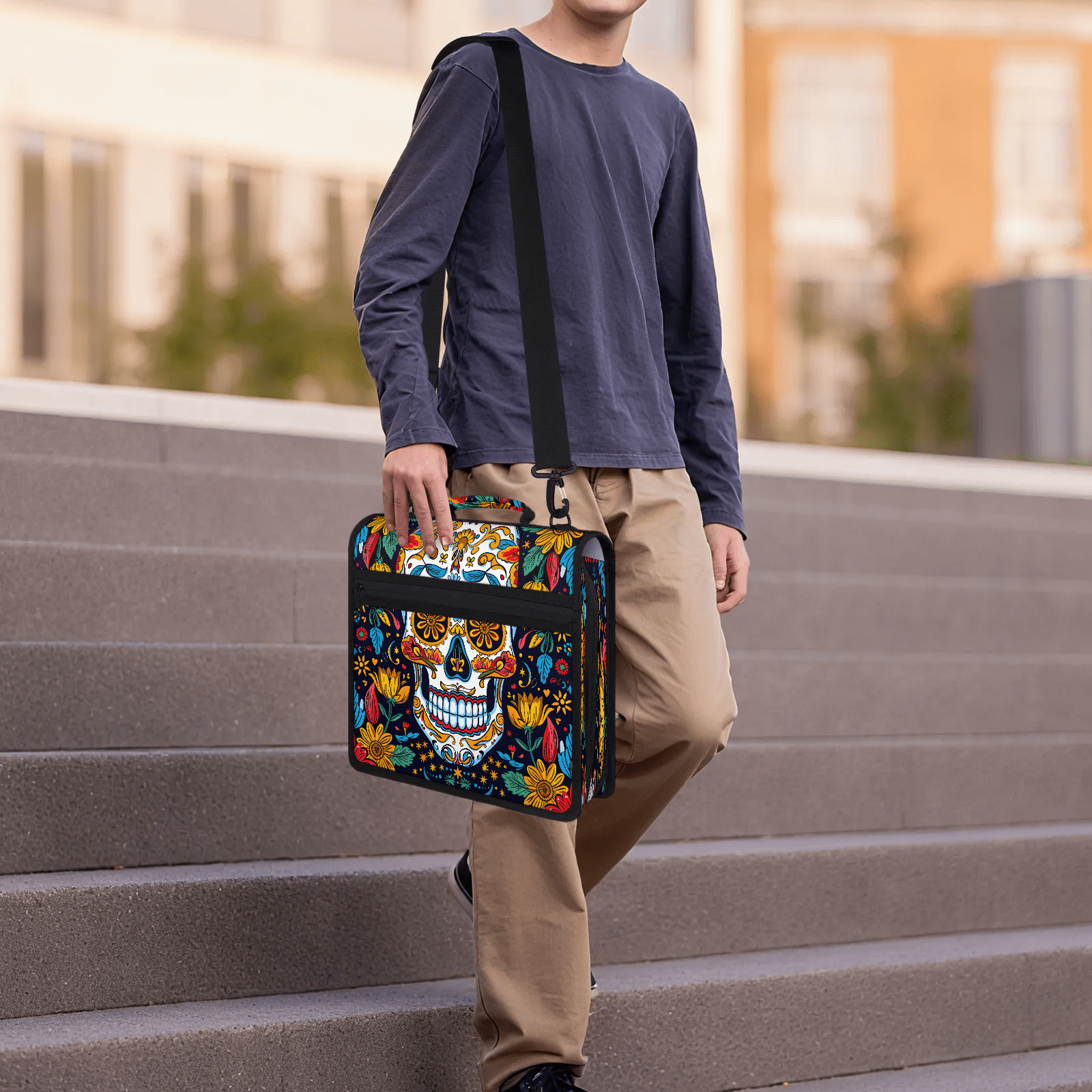 Herdesigns Sugar Skull Gothic Halloween Zipper Binder with Shoulder Strap, Waterproof 1.5 Inch 3 D-Ring Binder Organizer Bag, Fits 13 Inch Laptop for Work,