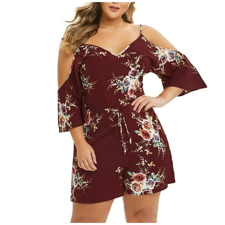 

Jumpsuits For Women Dressy Fashion Cold Shoulder Bodysuit V-Neck Overalls Red XL