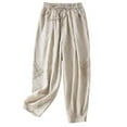 thumbnail image 2 of Fartey Embroidery Cotton Linen Harlen Pants for Women Drawstring Elastic Waist Wide Leg Pants Summer Solid Color Baggy Tapered Trousers with Pockets,Beige,M-2XL, 2 of 6