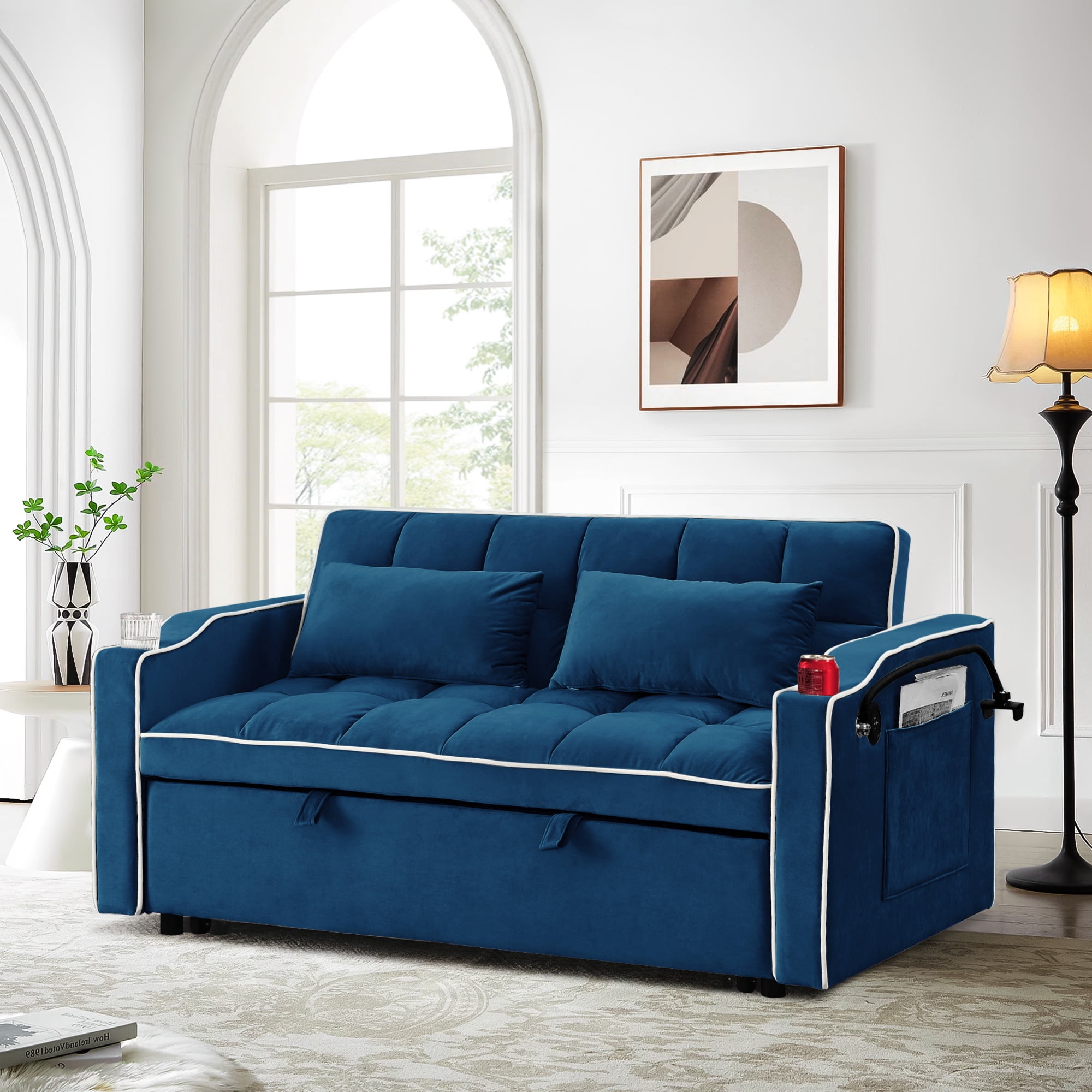 Dinosisco 4-in-1 Convertible Pull Out Sofa Bed, Loveseat Sleeper with Phone Stand, USB, Blue Velvet