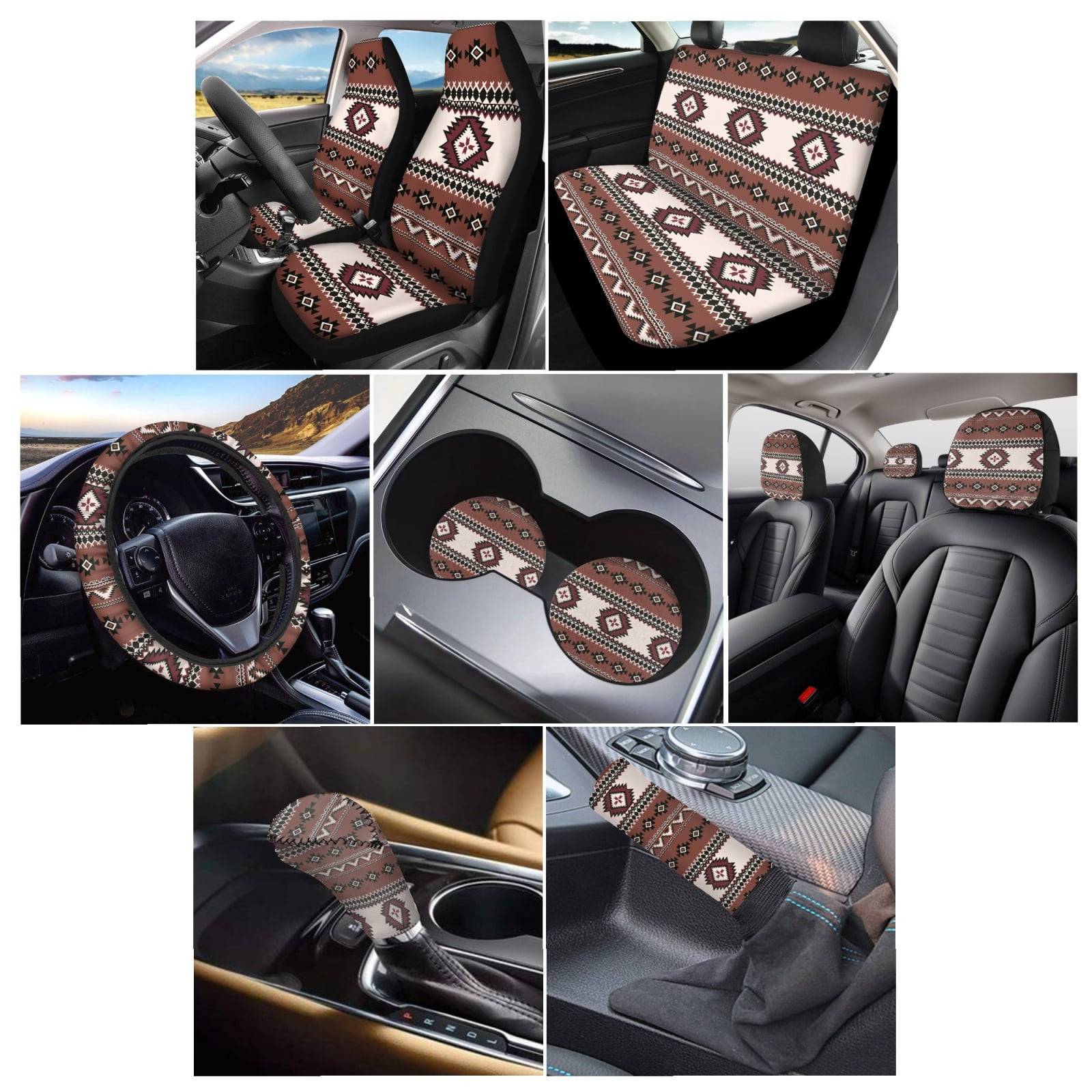 Renewold American Tribal Brown Car Seat Cover Split Covers Full Set for Women Men, with Steering Wheel Headrest Cover Cup Holders Handbrake Gear Shift Cover Auto Accessories, Pack of 11