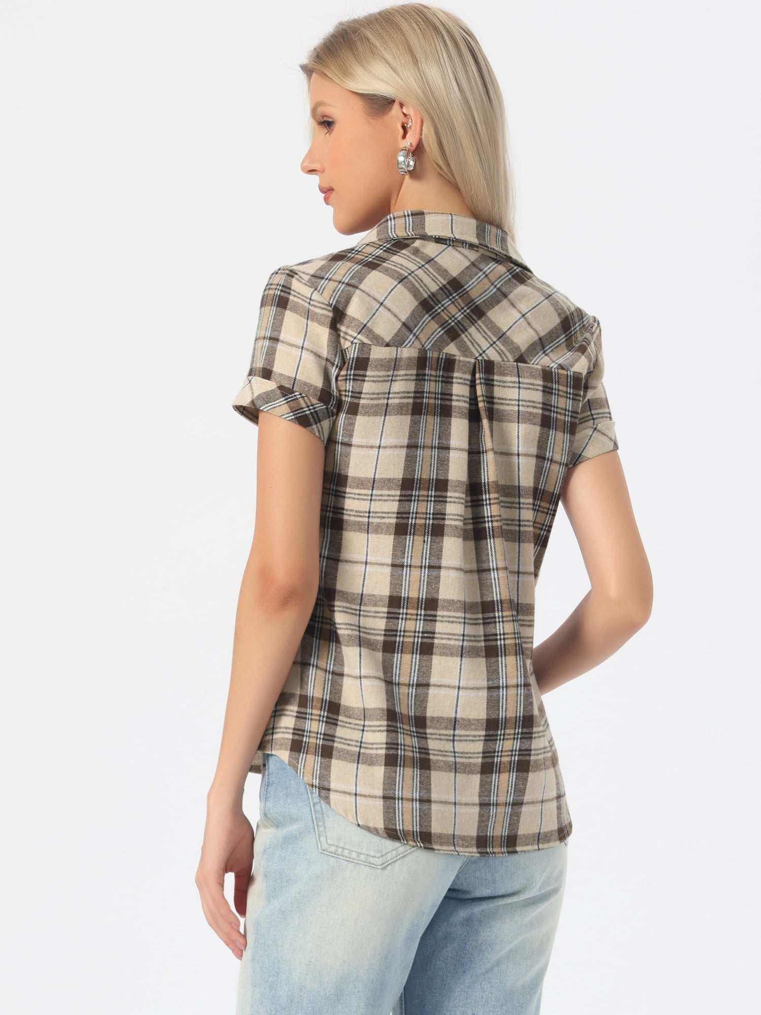 DARING DIVA Women's Plaid Shirts Cotton Short Sleeve Button Down Shirt L Khaki Brown