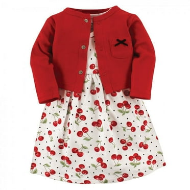 Hudson Baby Infant and Toddler Girl Cotton Dress and Cardigan 2pc Set, Cherries, 6-9 Months