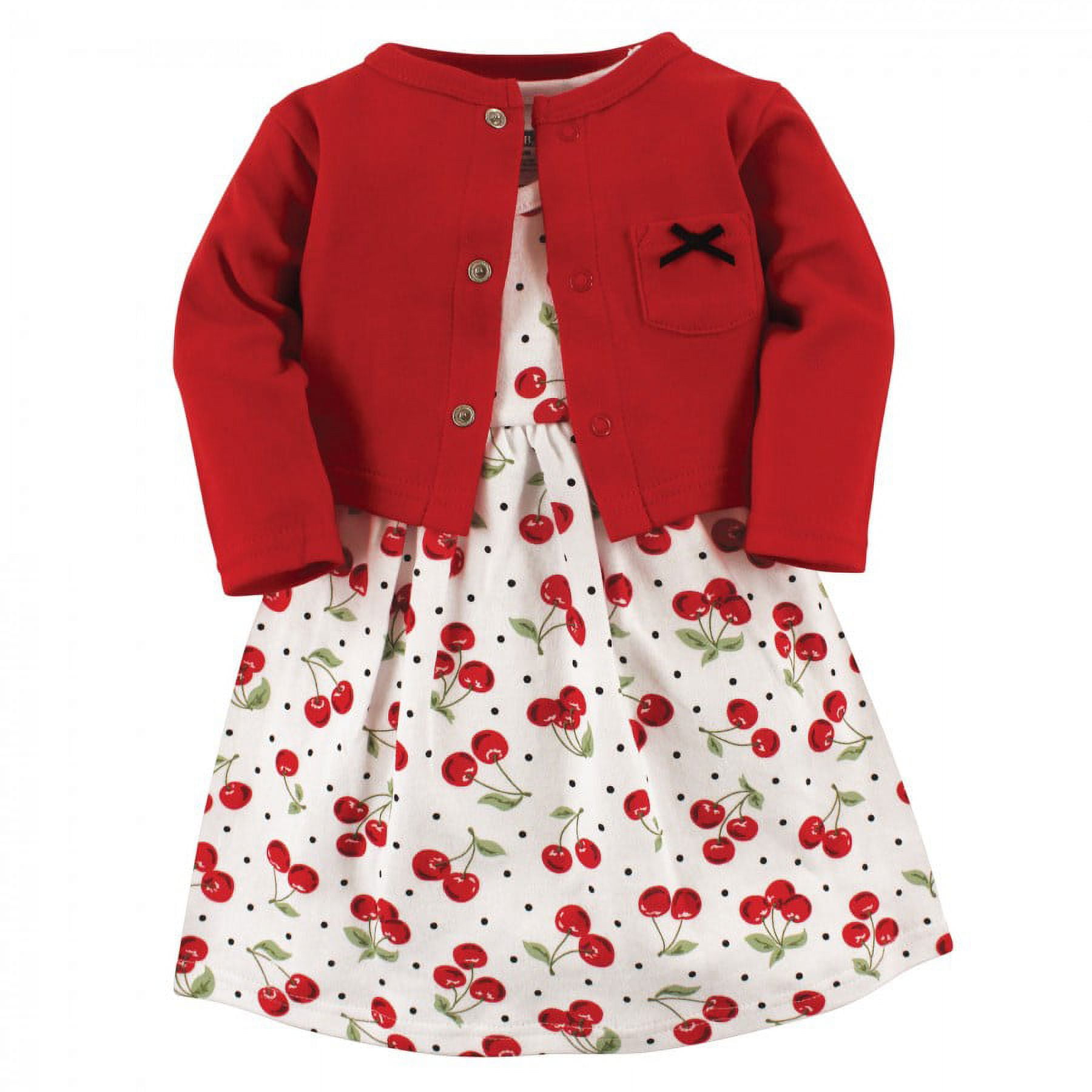 Hudson Baby Infant and Toddler Girl Cotton Dress and Cardigan 2pc Set, Cherries, 2 Toddler
