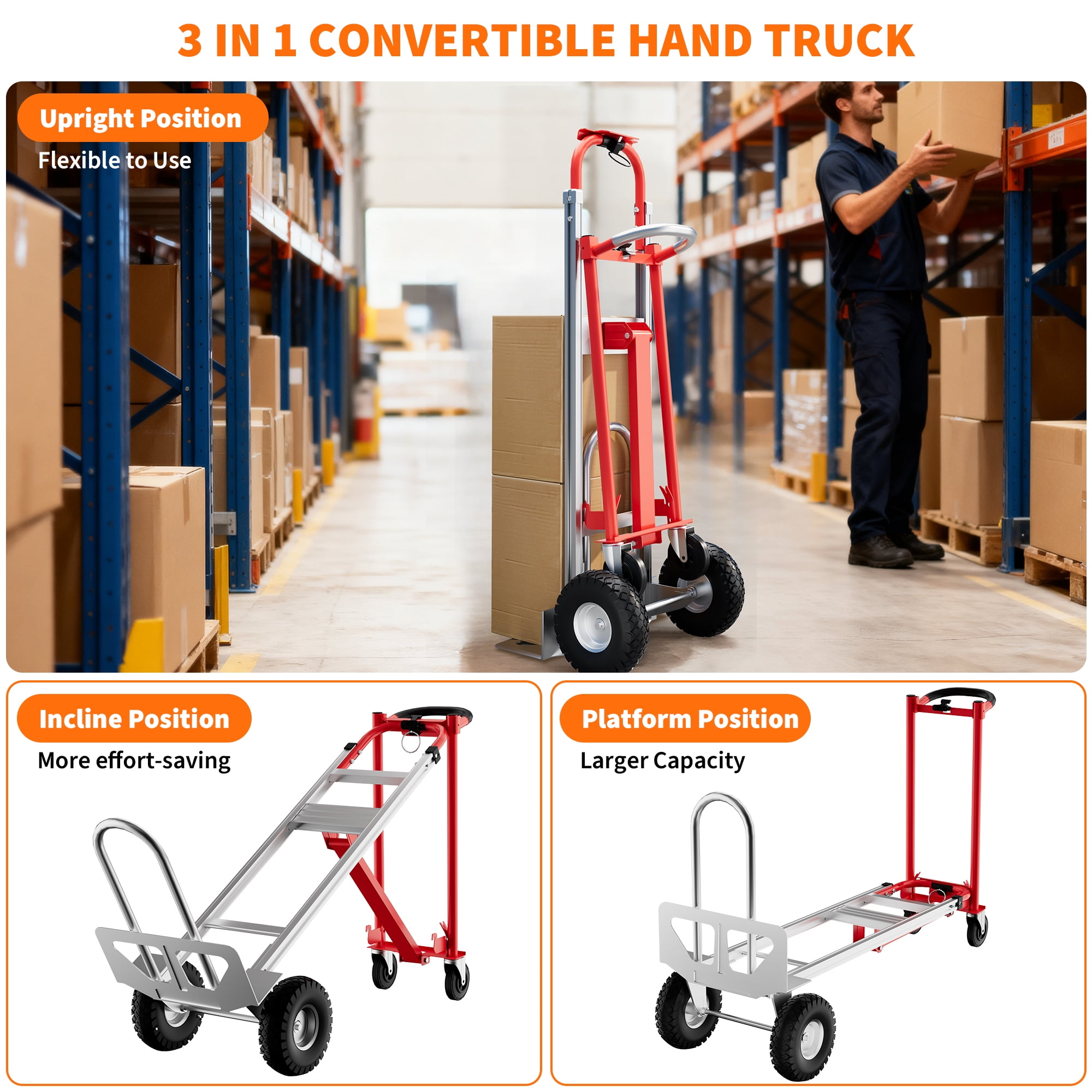 Mescukay 3 in 1 Folding Hand Truck, Heavy Duty Convertible Dolly with Wheels and Elastic Straps, Portable Collapsible Cart for Moving Home, Office, Warehouse, Supermarket