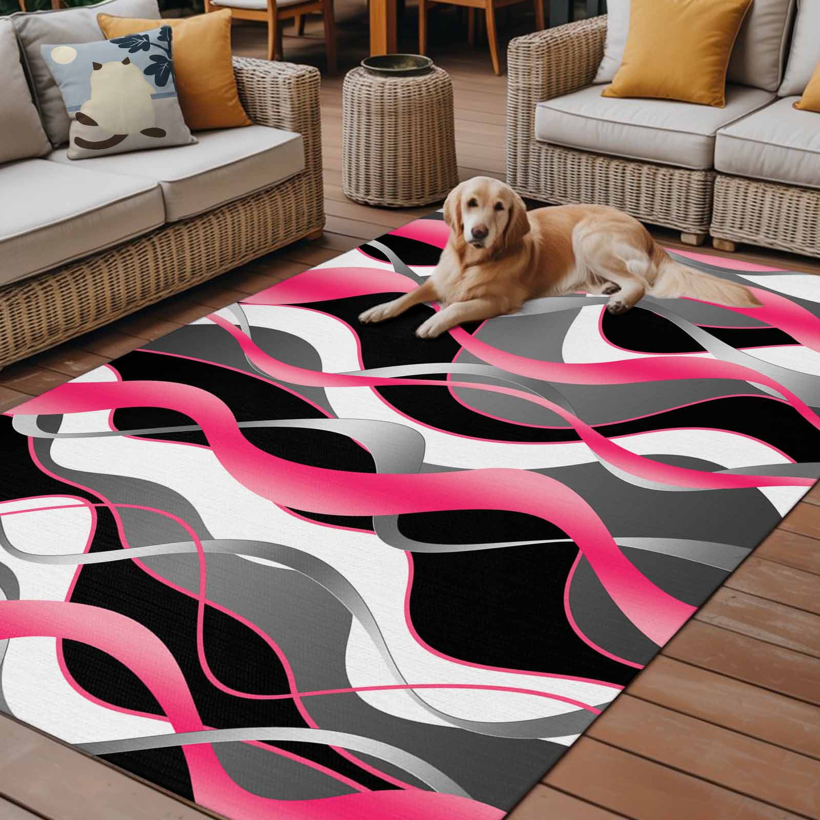 Outdoor Rug 5x8 ft Pink Black Grey Lines Waterproof Outdoor Patio Rug Mat Non Slip Outside Area Rugs Carpet for RV,Camping,Porch,Deck,Pool,Balconybackyard,Modern Abstract Stripes