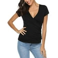 thumbnail image 2 of GceSteap Women's Summer Tops Short Sleeve Slim Fitted Deep V Neck Cross Wrap Tunic T-Shirt Side ruched Shirring Tees Black XXL, 2 of 8