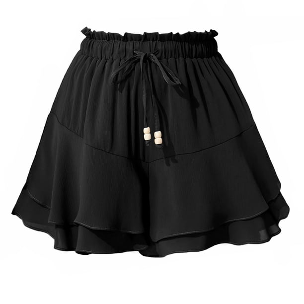 Pantalones de falda con volantes de doble capa for mujer, con cintura elástica y cordón, pantalones de falda informales antiexposición deportivos
