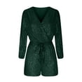 thumbnail image 4 of Mqqzkk Sequin Jumpsuit For Women Party Clubwear Romper Shiny Wrap V Neck Front Tie Shorts Jumpsuit Long Sleeve Dance Outfits Green XL, 4 of 6