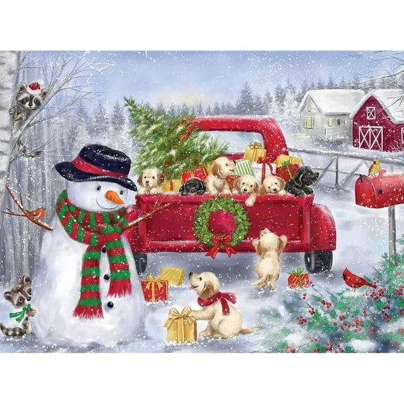 Bits and Pieces Jigsaw Puzzle Red Truck with Puppies Christmas Scene 500 Piece 18" x 24"