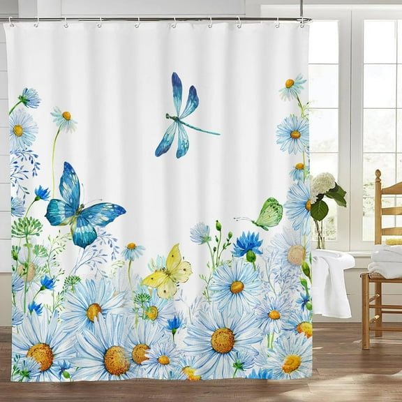 Daisy Shower Curtain Daisy Shower Curtains for Bathroom Butterfly Dragonfly Flower Shower Curtain Daisy Bathroom Decor Polyester Fabric with Hooks 72x72 in