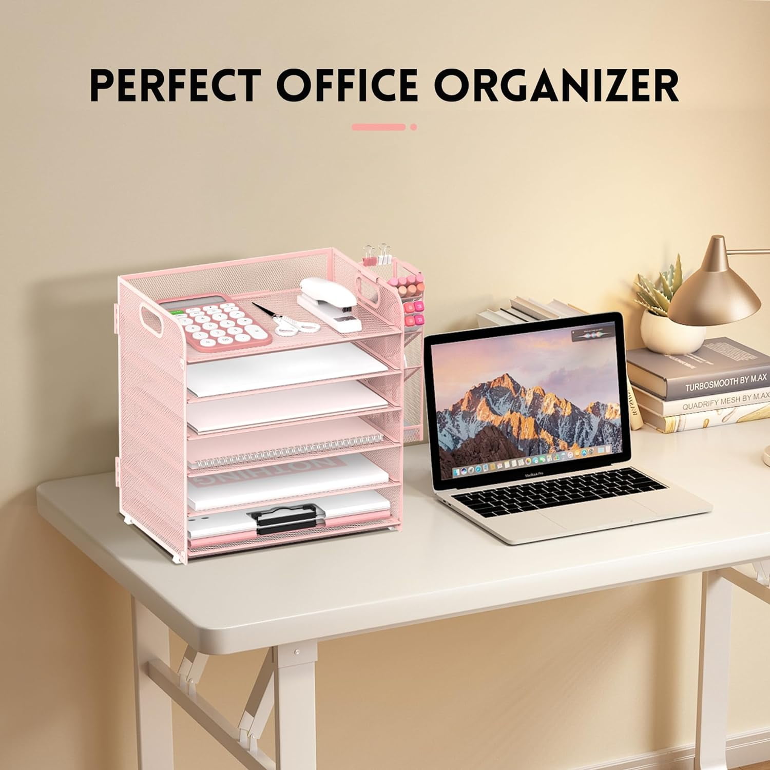 INTIGE 6 Tier Metal File Organizer with 4 Pen Holders and Handle, Desk Paper Organizer, Pink, Need Mount