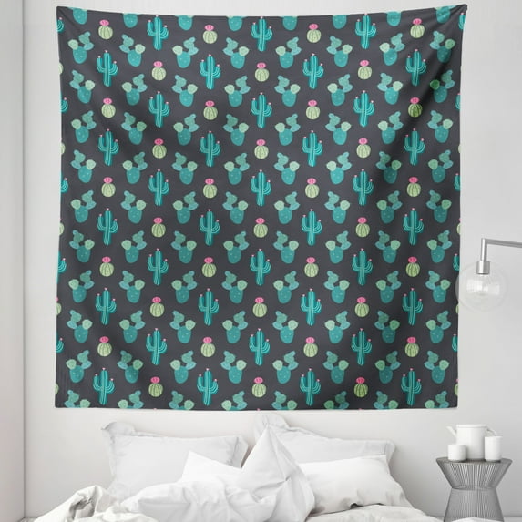 Botanical Tapestry, Saguaro Cactus Pattern with Blooms Exotic Plants Cacti Mexican Accents, Fabric Wall Hanging Decor for Bedroom Living Room Dorm, 5 Sizes, Grey Teal Pale Green, by Ambesonne