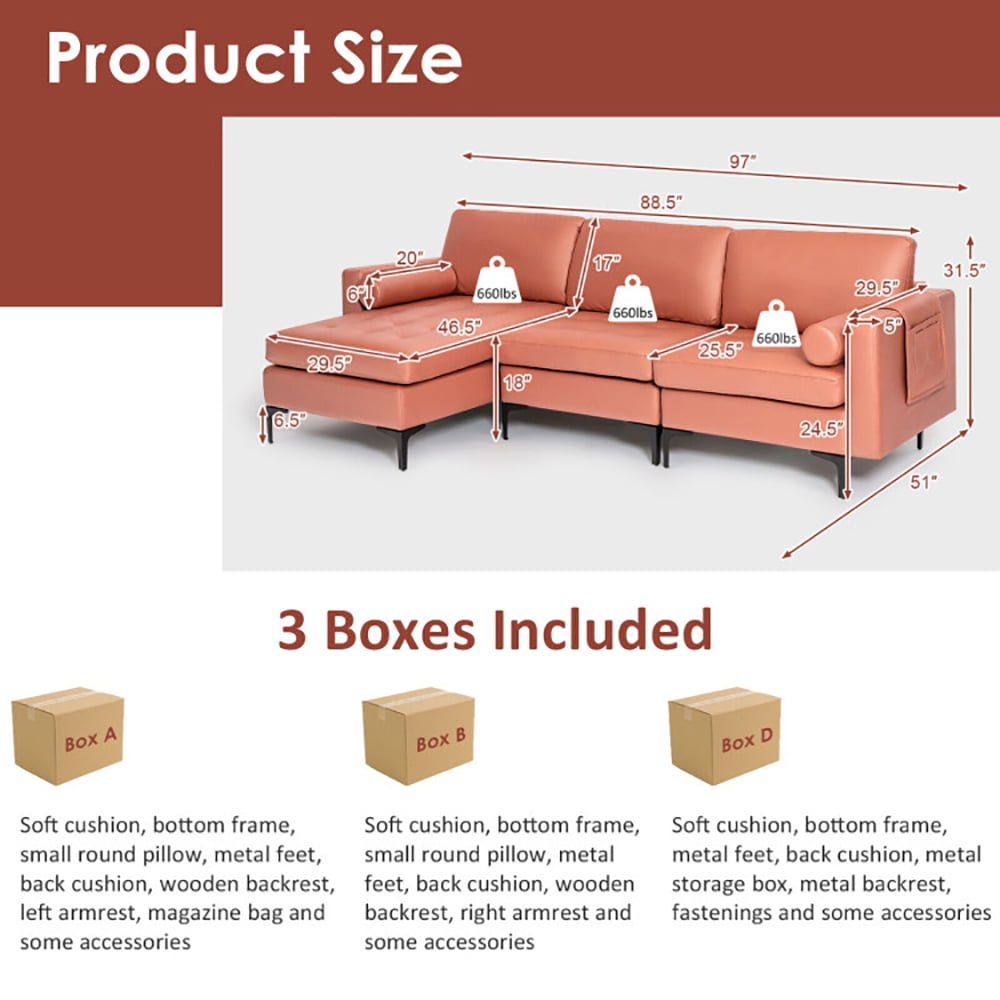 Finihen L-shaped Sectional Sofa Couch, Modular L-shaped 3-Seat Sectional Sofa with Reversible Chaise and 2 USB Ports, for Living Room, Pink Finihen L-shaped Sectional Sofa Couch, Modular L-shaped 3-Seat Sectional Sofa with Reversible Chaise and 2 USB Ports, for Living Room, Pink
