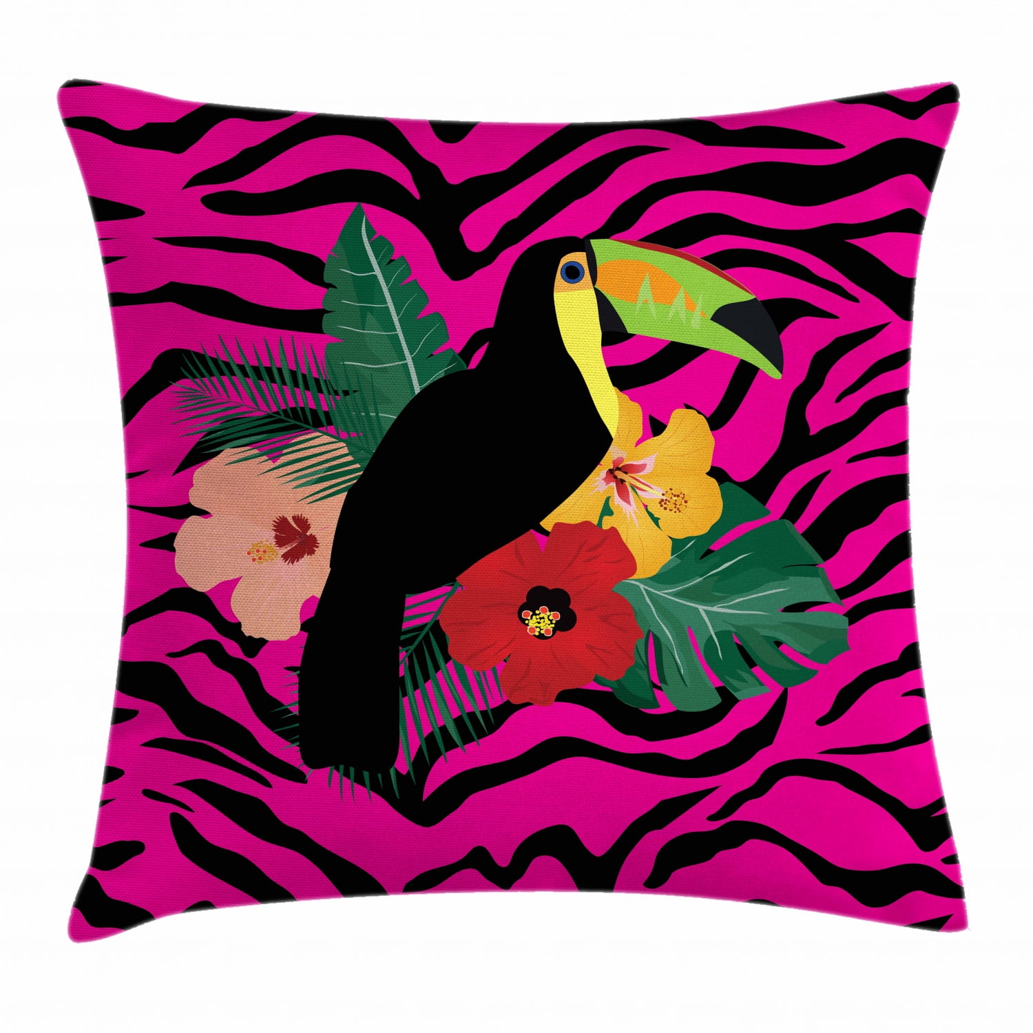 Pink Zebra Throw Pillow Cushion Cover, Toucan Bird Sitting on Hibiscus Plants Flowers Large