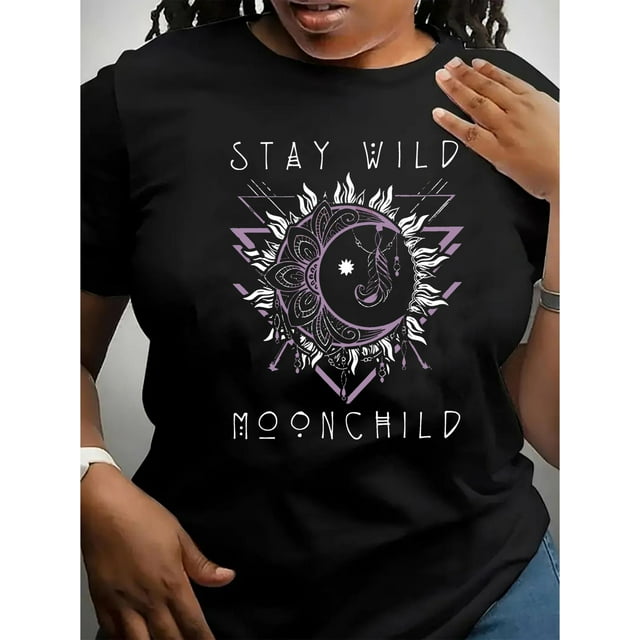 1 Pce T-Shirt Graphique Mandala Moonchild, T-Shirt Décontracté à Col Rond et Manches Courtes pour Femmes, Tissu en Coton Tricoté avec Élasticité Moyenne, Haut de Mode Toutes Saisons