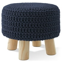 Hand-Knitted Cotton Pouf Ottoman Footstool, 13" Round x 11" High, Boho Accent Footrest with Non-Skid Legs, Foot Stool and Extra Seating, Navy Blue