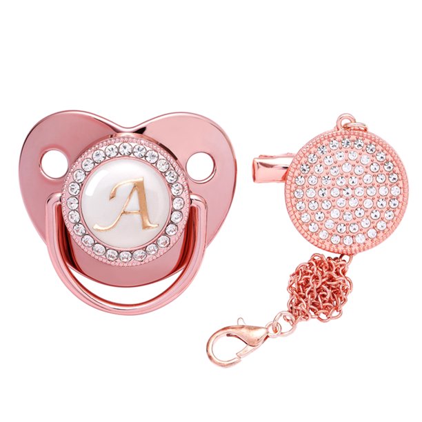 Baby Initial Letters Pacifier with Clip, Rose Gold Bling Pacifiers 6 12 Months, Silicone for