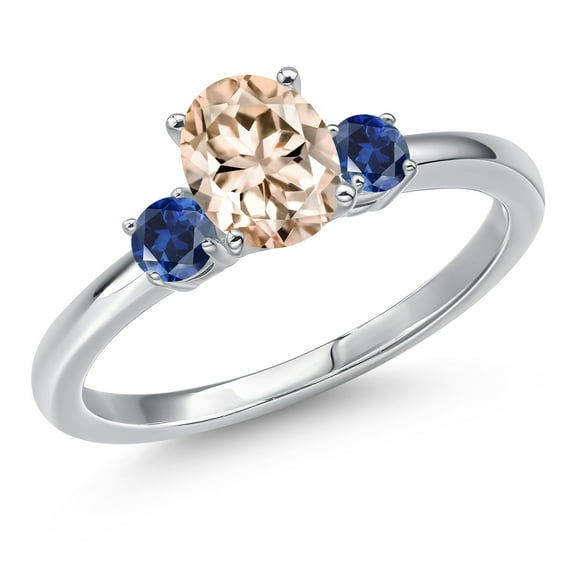 Gem Stone King 14K White Gold Peach Morganite and Blue Created Sapphire Engagement Ring for Women | 0.93 Cttw | Oval 7X5MM | Gemstone October Birthstone | Size 6