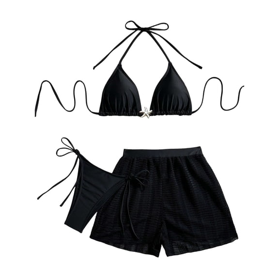 Women's Solid Swimsuits Halter Tie Bikinis with Lightwieght Boy Leg Shorts Fashion Bathing Suits Summer Beachwear M