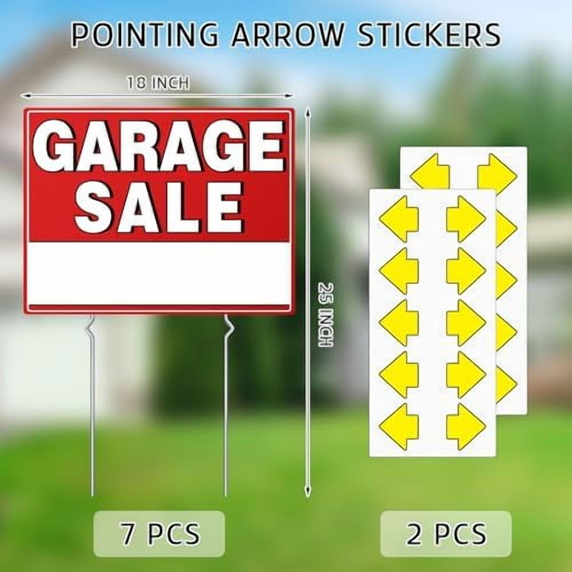 7 Pcs Garage Sale Sign With Metal Stakes, 17" x 13", Double-Sided With 20 Directional Arrow Stickers, Large Yard, Weather-Proof