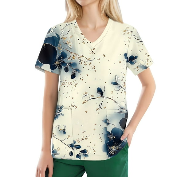 Scrubs for Women,Unisex Medical Scrub Tops Long Sleeve with Side Pockets - Floral Print Workwear for Nurses - Beige - L