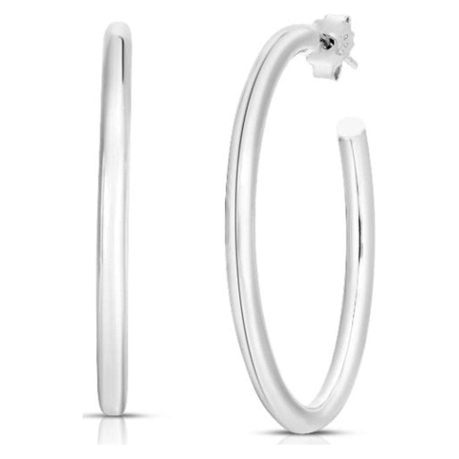 JewelStop Sterling Silver Polished Finish 40mm Round Tube C Hoop Earrings with Push Back closure.