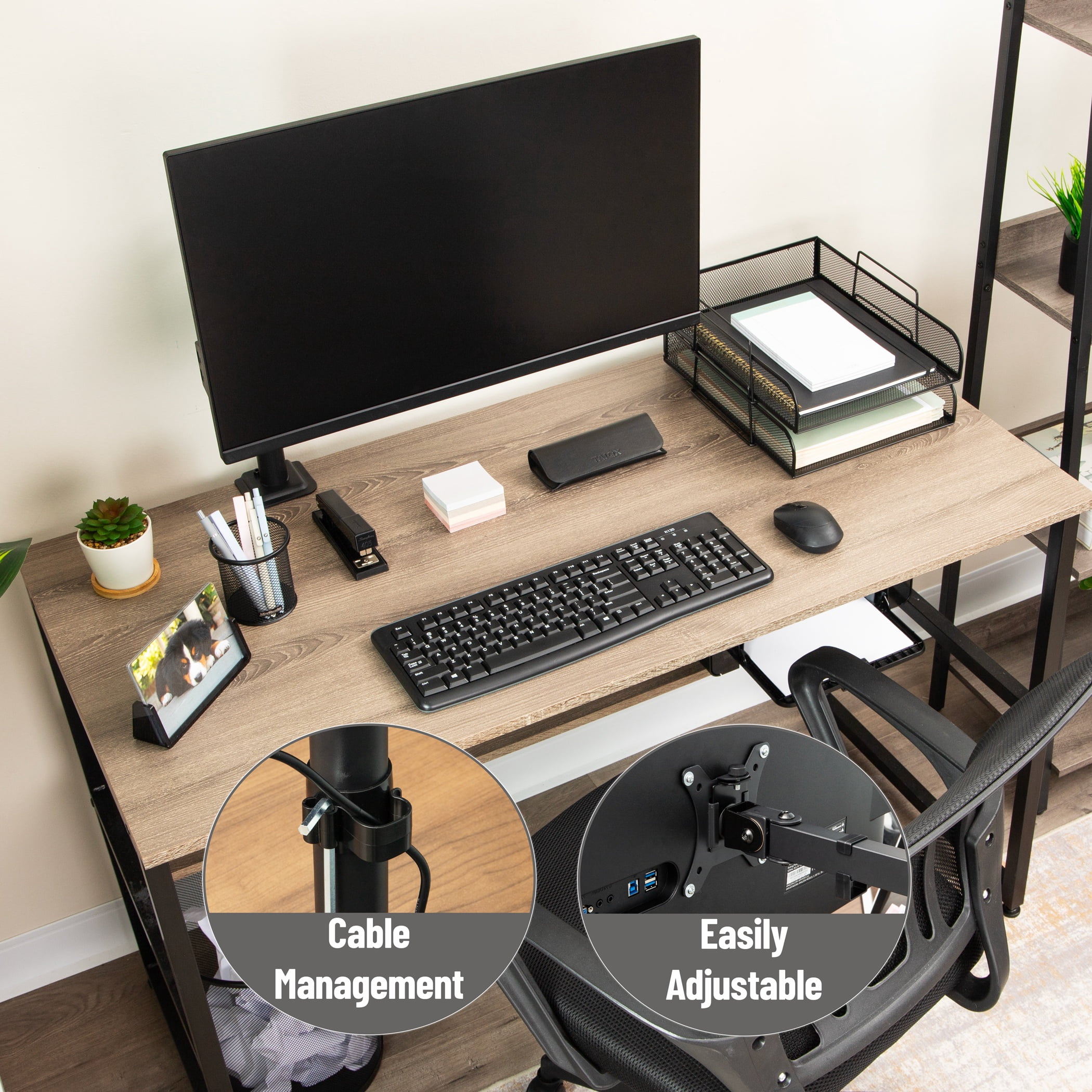 Mind Reader Single Monitor Desk Mount Adjustable Tilt ±45°, Swivel ±90°, Rotate 180°, VESA 75x75/100x100, Holds up to 17.6 lbs, Black